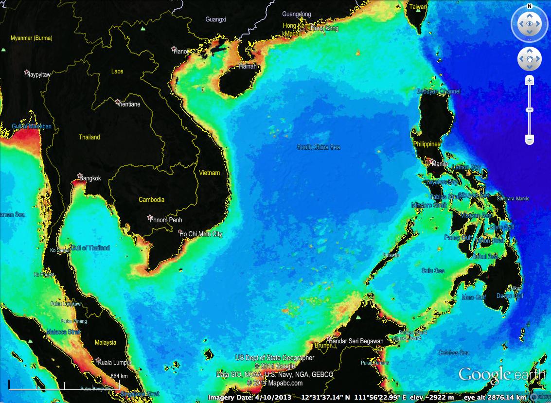 Figure . Chlorophy concentrations in plankton in the South China Sea, overlaid on GoogleEarth. A plume of plankton connects Bajo de Masinloc to the Philippines, indicating its biological linkage at certain times of the year. (Source: NASA)