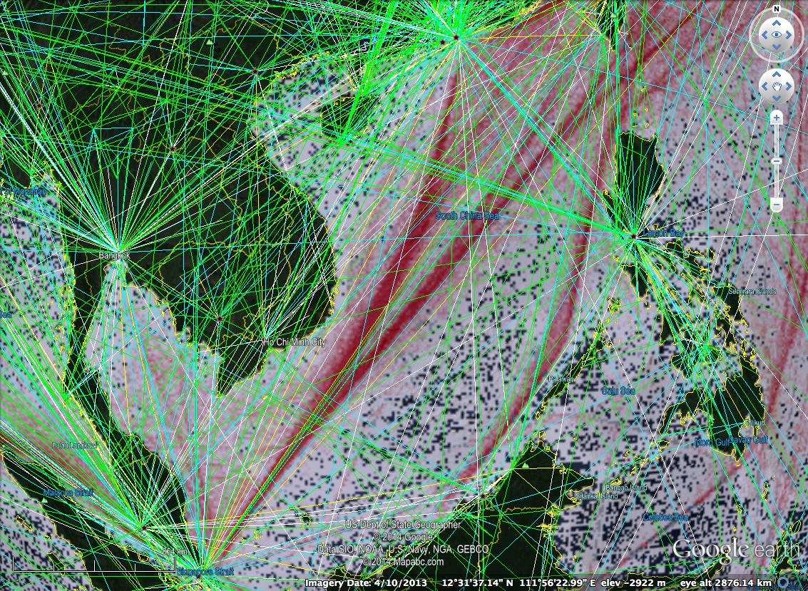Figure . Sea routes (red) and air routes (green) through the West Philippine Sea and South China Sea. Bajo de Masinloc is strategically located between such routes near Manila and Subic. (Source: NCEAS, ICAO)
