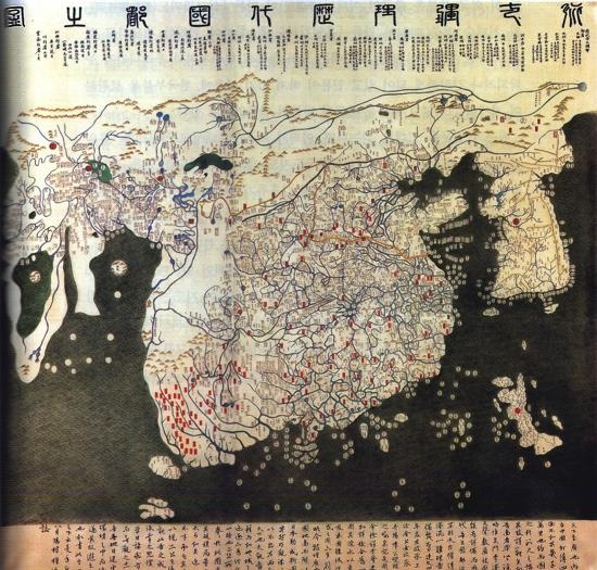 Figure . The "Map of the Entire Empire and Frontier Countries" drawn in 1402 based on Yuan Dynasty maps. The Philippines appears as a small collection of spots in the lower right corner, west of the large patch that represents Japan. (Source: cartographic-images.net)